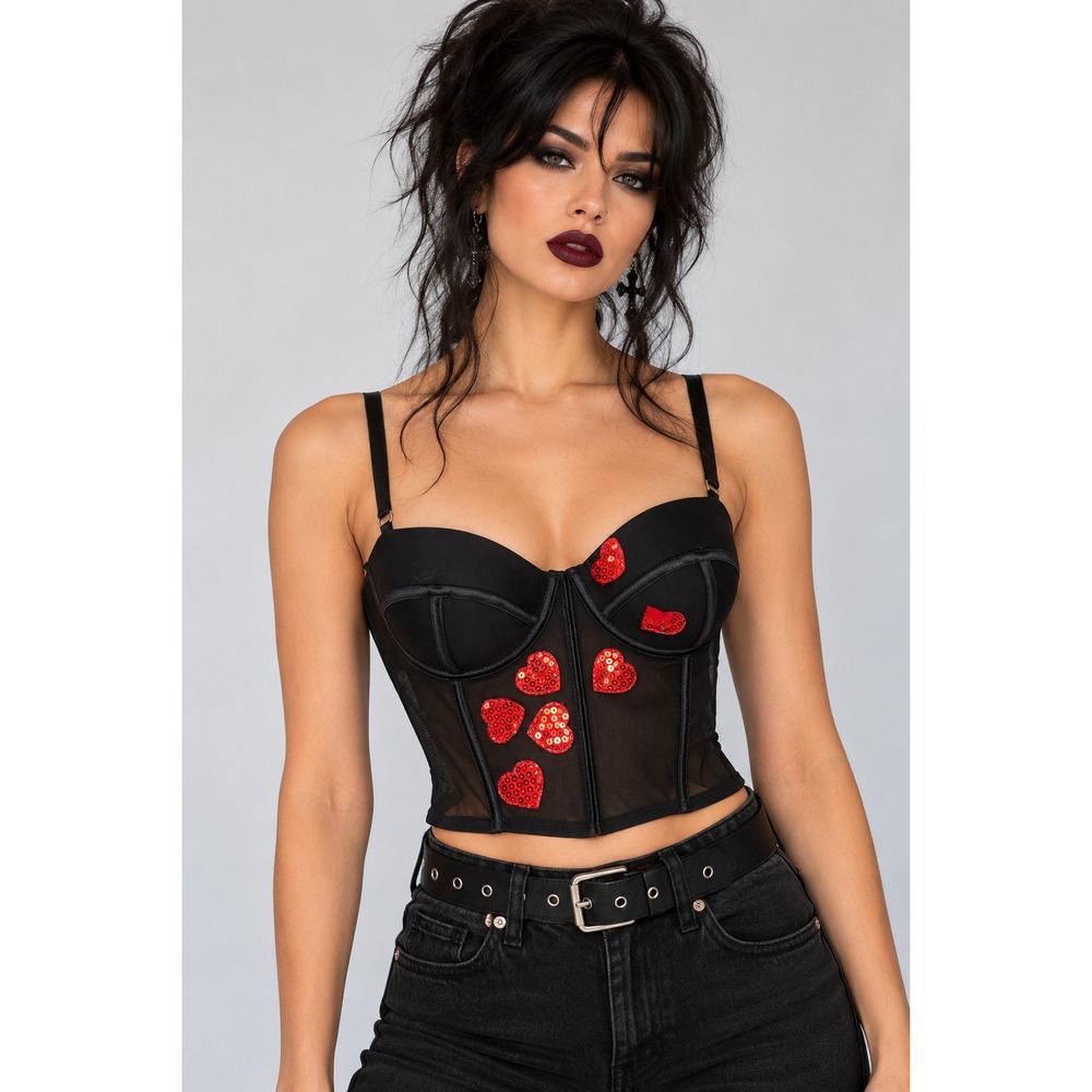 BodyRage Goth Coquette Sequin Heart Corset Bustier Top Black Red NWT Large